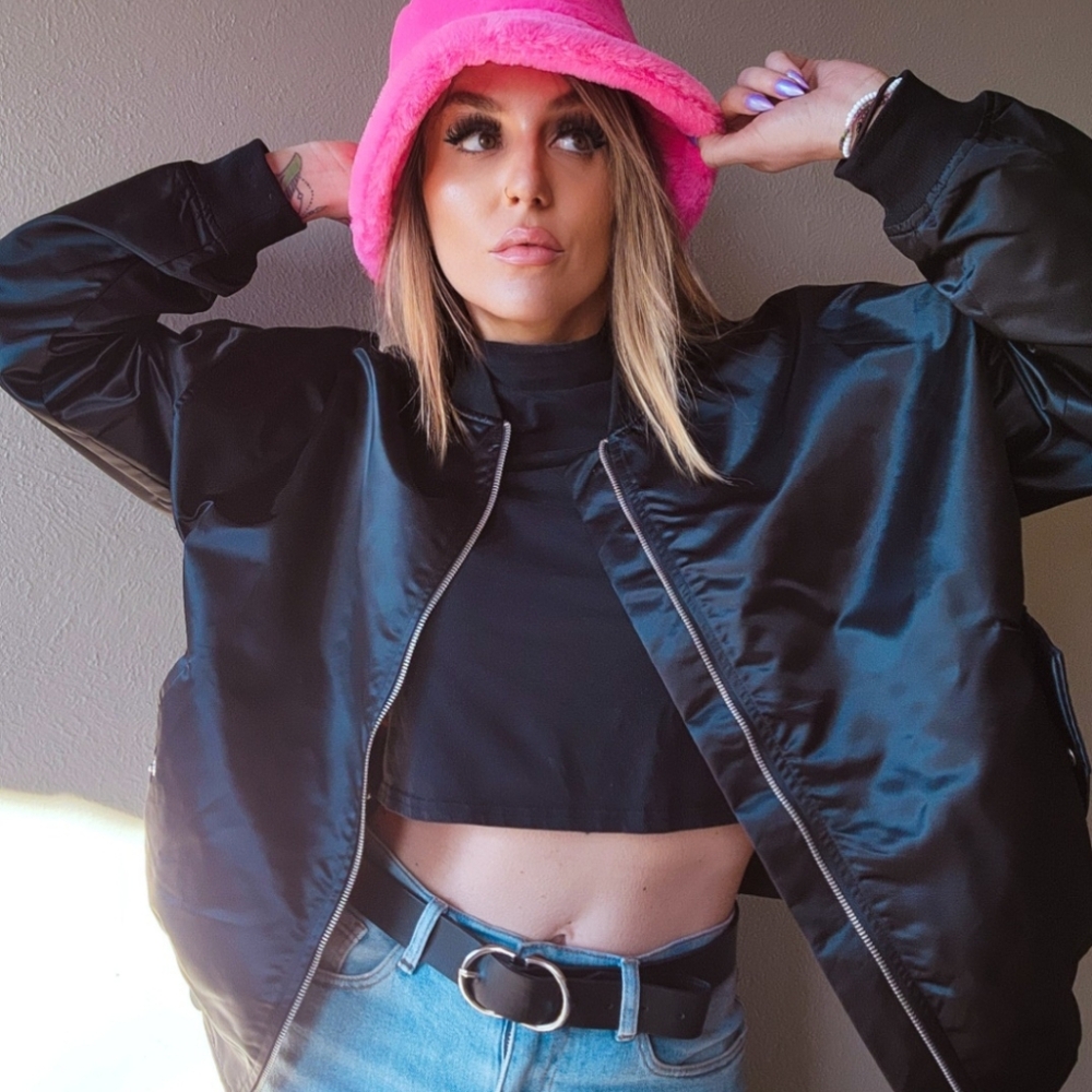 BLACK SATIN BOMBER JACKET